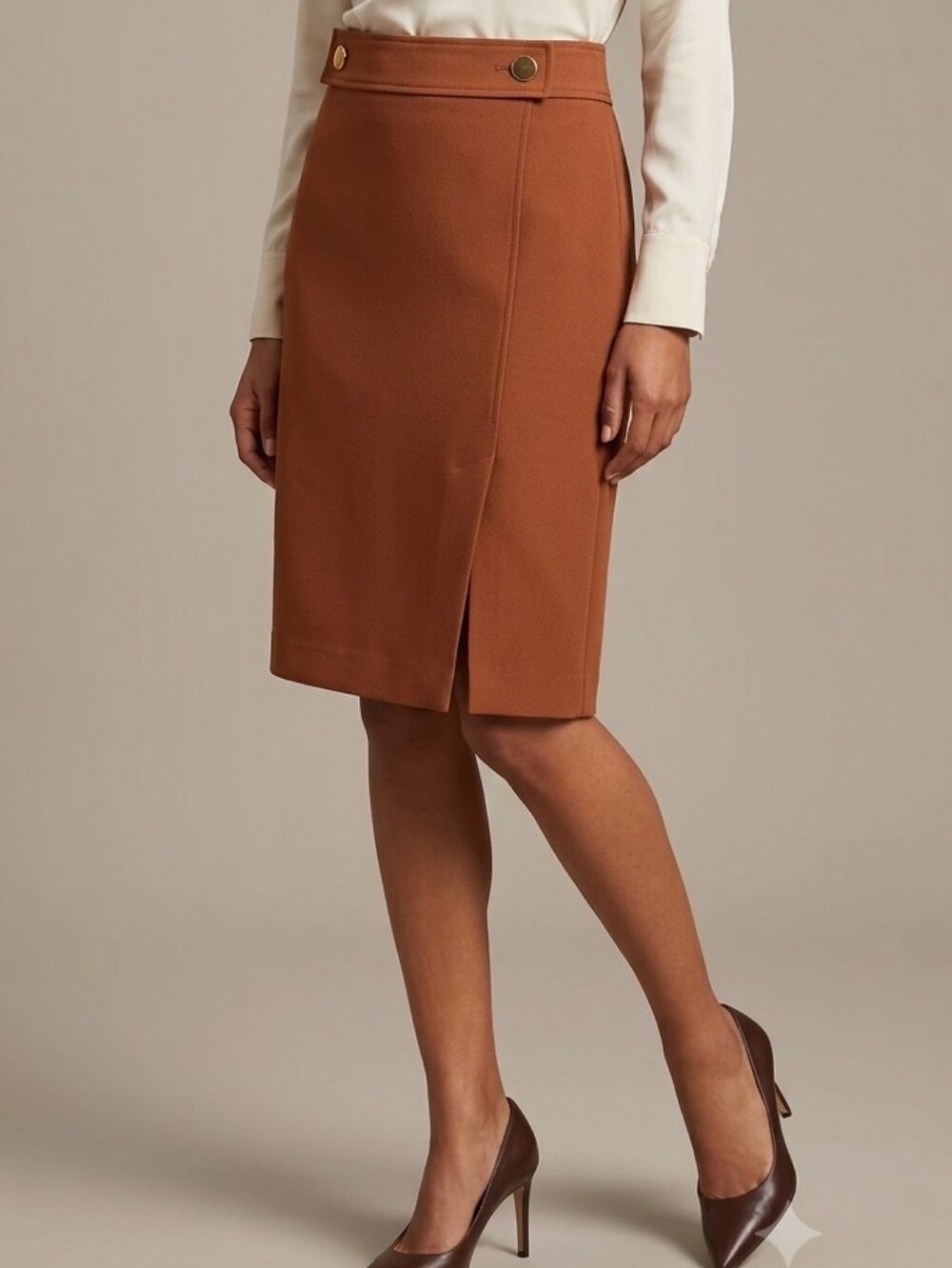 Ann Taylor Women’s Rust Brown Straight Skirt with Gold Button Detail